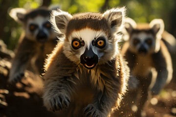 Fototapeta premium Family of lemurs leaping between trees in Madagascar, Generative AI
