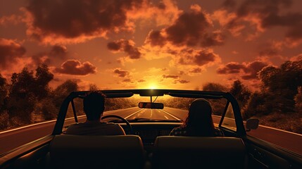 Fototapeta na wymiar couple Driving car into the Sunset. Love couple travel in holiday. Copy space for text.
