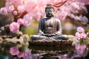 glowing golden Buddha in a zen nature green garden, colorful paper cut flowers, cherry blossoms