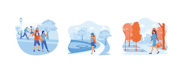 family is taking a walk in the city park. A young woman with a backpack is walking on the sidewalk. Women walking in the afternoon after coming home from work. set flat vector modern illustration