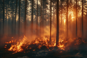 Forest fire, vast expanses of pine trees are consumed during the dry period.  - obrazy, fototapety, plakaty