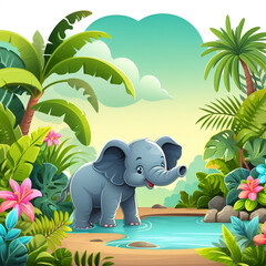A lush jungle background with a small elephant standing