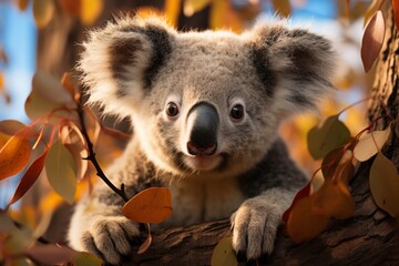 Koala bear clinging to the eucalyptus tree it's feeding on, Generative AI