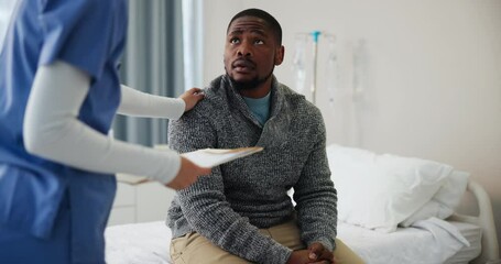 Hospital bed, documents or doctor with sick black man with stress during consultation for results, exam or health scare. Healthcare, paperwork or African male patient with nurse for insurance problem