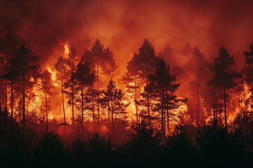 Forest fire, vast expanses of pine trees are consumed during the dry period. 