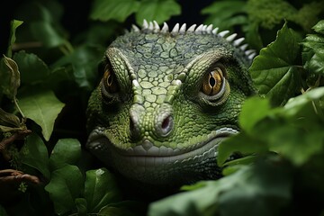 Fototapeta premium Green chameleon camouflaged among tree leaves, Generative AI