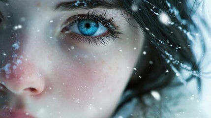 The snow princess stares intently into the camera, her eyes sparkling with a hint of frosty sparks in their corners. - obrazy, fototapety, plakaty