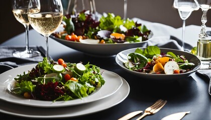 Dining table arrangement with plates of gourmet food, wine glasses, salad bowl, and wine on a table