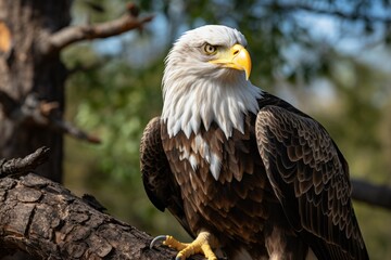 Fototapeta premium Perched bald eagle surveying its territory from a tall tree, Generative AI