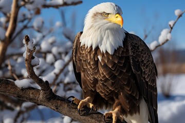 Obraz premium Perched bald eagle surveying its territory from a tall tree, Generative AI