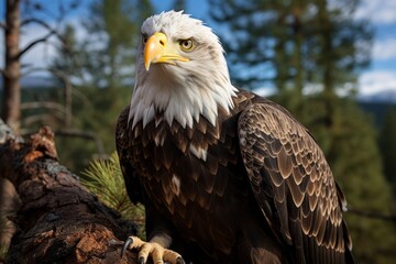 Obraz premium Perched bald eagle surveying its territory from a tall tree, Generative AI