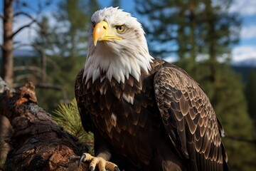 Perched bald eagle surveying its territory from a tall tree, Generative AI