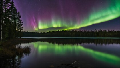 Enchanting aurora borealis illuminating the sky over a lake, with dense forest scenery in the distance