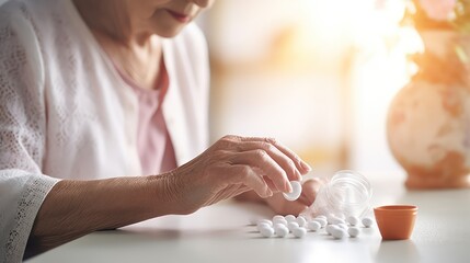 A Close up of Old woman closes pill bottle to take medicine, treat memory loss, high blood pressure or cholesterol level as painkiller, concept of treatment for diseases in old age - obrazy, fototapety, plakaty