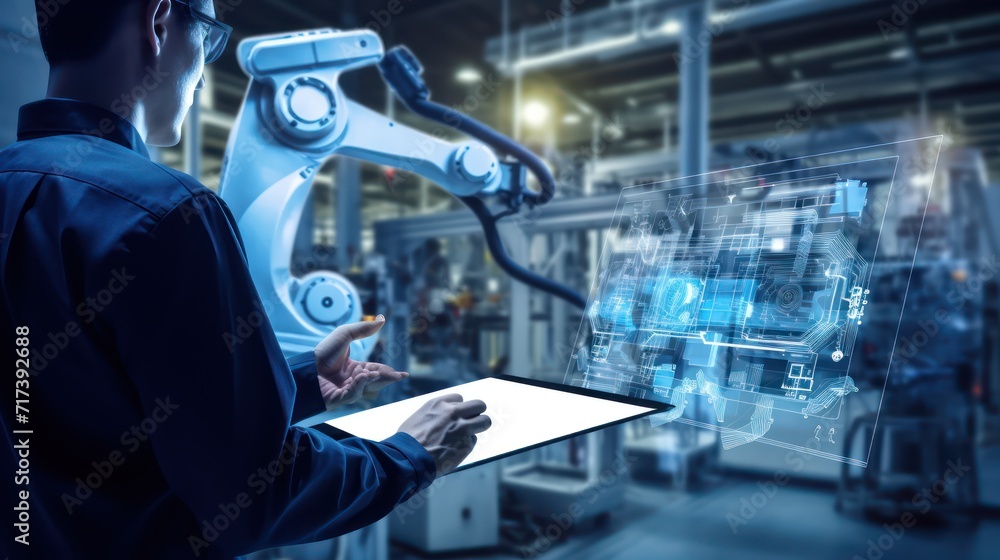 Wall mural A Industry engineer in factory using digital tablet with automated robot arm machine learning operation infographic system control monitoring on a blue background. - Wall murals