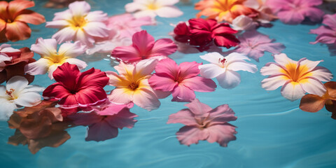 Fototapeta na wymiar Colorful lovely flowers on water Flowers floating on water surface, with beautiful reflections and vibrant colors.AI Generative