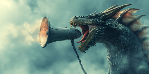 Dragon with megaphone speaker - obrazy, fototapety, plakaty
