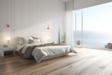 Modern-style bedroom with a view of the sea, featuring a bed on a wooden floor and white walls. Generative AI
