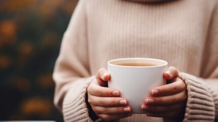 A Young woman's hand in a sweater holds a steaming warm tea mug outdoors in snowy winter. Coffee, tea, coffee mug, warm,