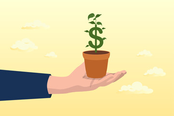 Businessman investor hand tendering hold plants pot with growing money dollar sign, growth stock return or dividend investment, saving and prosperity or success business achievement (Vector)