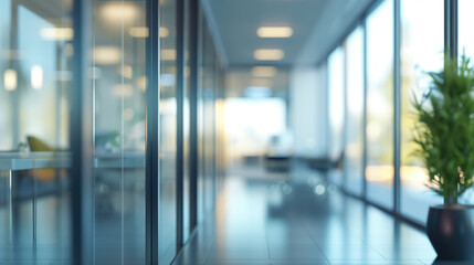 Office hallway with a focused potted plant and blurred office background.