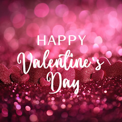 Valentine's Day card with bold lettering and shimmering hearts on a bokeh background.