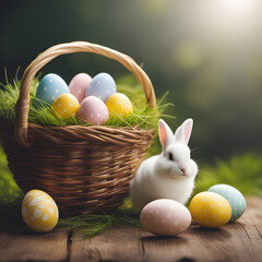 Adorable White Easter Bunny with Colorful Pastel Eggs in a Basket - Perfect for Spring Celebrations and Egg Hunts