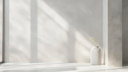 White vase with delicate flower against a soft, shadowed wall background, for business or peoduct presentation.