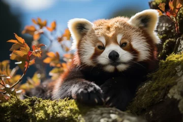 Wandaufkleber Red panda resting high up in a bamboo tree, Generative AI © Shooting Star Std