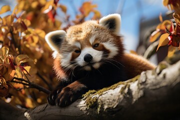 Red panda resting high up in a bamboo tree, Generative AI