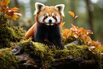 Fototapeta premium Red panda resting high up in a bamboo tree, Generative AI