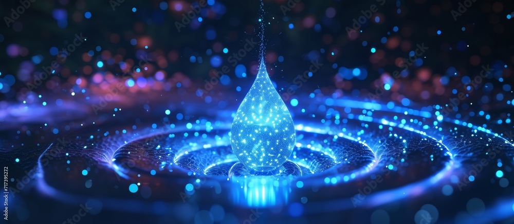 Poster computer generated abstract background featuring a new drop-shaped quantum computer emitting a blue 