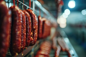 Sausages hanging for drying in a production facility. - obrazy, fototapety, plakaty
