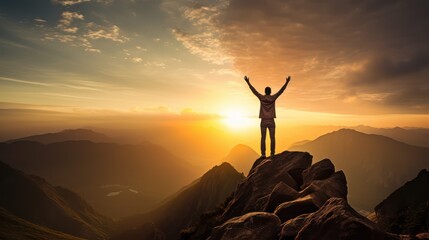 Happy man raising his arms jumping to the top of the mountain, successful businessman celebrating success on the cliff, business success concept silhouette backlit. - obrazy, fototapety, plakaty