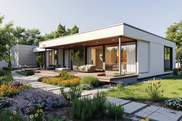Fototapeta na wymiar 3d rendering of a modern house with sliding doors and a small yard, flowers garden