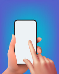 Vector 3D hand holding smartphone with white blank screen isolated and touching phone mockup template on background.