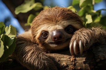 Fototapeta premium Tree-dwelling sloth peacefully hanging upside down, Generative AI