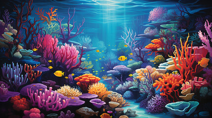 Fototapeta na wymiar coral reef underwater scene. colorful depiction bustling coral reef, showcasing diverse marine life