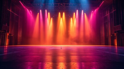 Empty stage with vibrant lighting set for a dramatic performance. Dramatic purple haze and...