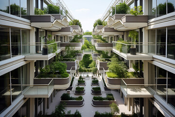 Sustainable green building. Eco-friendly building. Sustainable glass building with vertical garden reducing carbon dioxide. Green architecture. Green environment. Sustainable lifestyle. Generative AI.