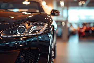 Closeup new black car parked in luxury showroom. Car dealership office. New car parked in modern showroom. Car for sale and rent business. Automobile leasing and insurance background. Generative AI. - obrazy, fototapety, plakaty