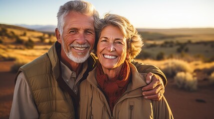 woman man outdoor senior couple happy lifestyle retirement together smiling love old nature mature. Copy space for text.