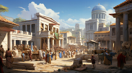 Naklejka premium ancient roman marketplace lively illustration of ancient Roman marketplace and classical architecture