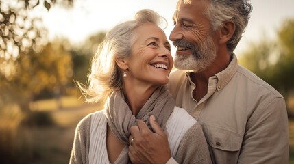 Fototapeta premium woman man outdoor senior couple happy lifestyle retirement together smiling love old nature mature. Copy space for text.