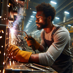 A man working with sparks in a factory industrial manufacturing