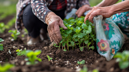 Woman gardener Seedlings are growing in the nursery bag. As the hands of the old woman and the hands of the young man are about to be planted in the fertile soil. Hand holding a gardening shovel