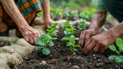 Woman gardener Seedlings are growing in the nursery bag. As the hands of the old woman and the hands of the young man are about to be planted in the fertile soil. Hand holding a gardening shovel