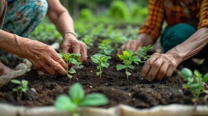 Cercles muraux Vielles portes Woman gardener Seedlings are growing in the nursery bag. As the hands of the old woman and the hands of the young man are about to be planted in the fertile soil. Hand holding a gardening shovel
