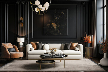 living room with modern interior design for home against the background of a dark classic wall