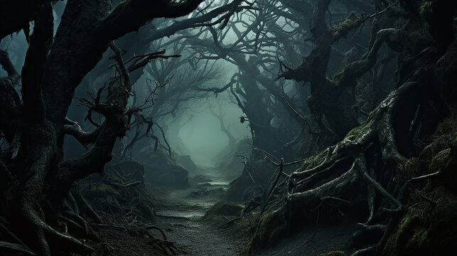 ominous image narrow path winding through creepy mist-shrouded forest with gnarled trees and faint